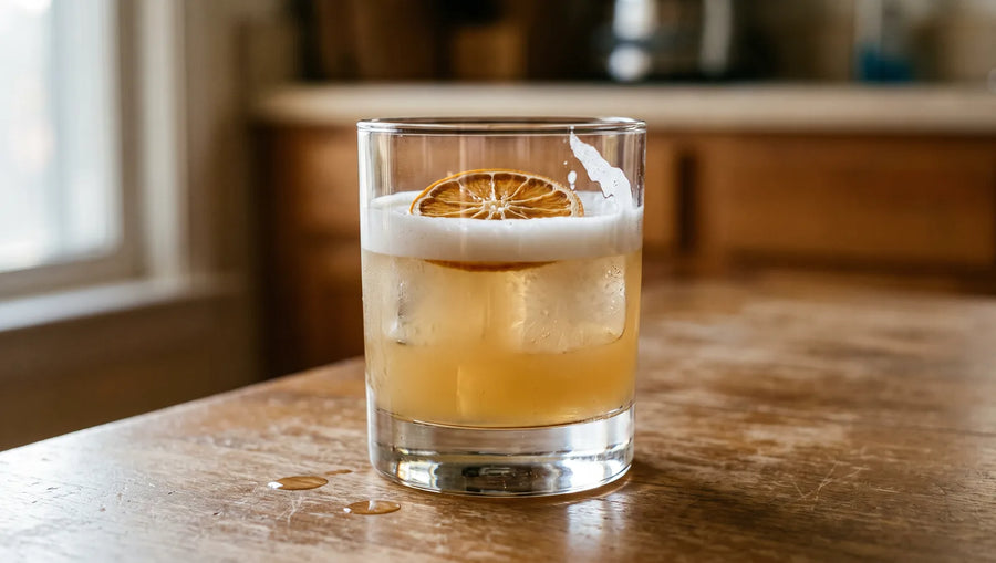 Готов Whisky Sour в ниска чаша с лед, гъста бяла пяна и колелце дехидратиран портокал на дървена маса
