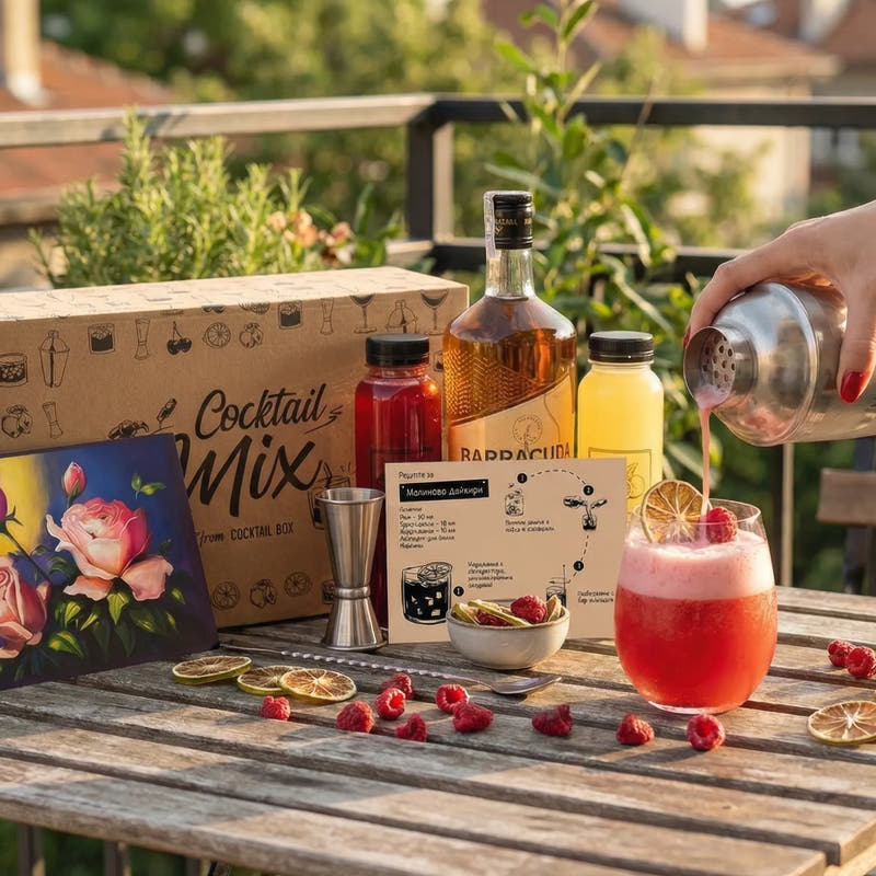 Cocktail Mix Малиново дайкири на тераса: кутия, ром, пюре от малина и фреш от лимон, тематична картина, рецепта и розов коктейл с малини, наливан от шейкър
