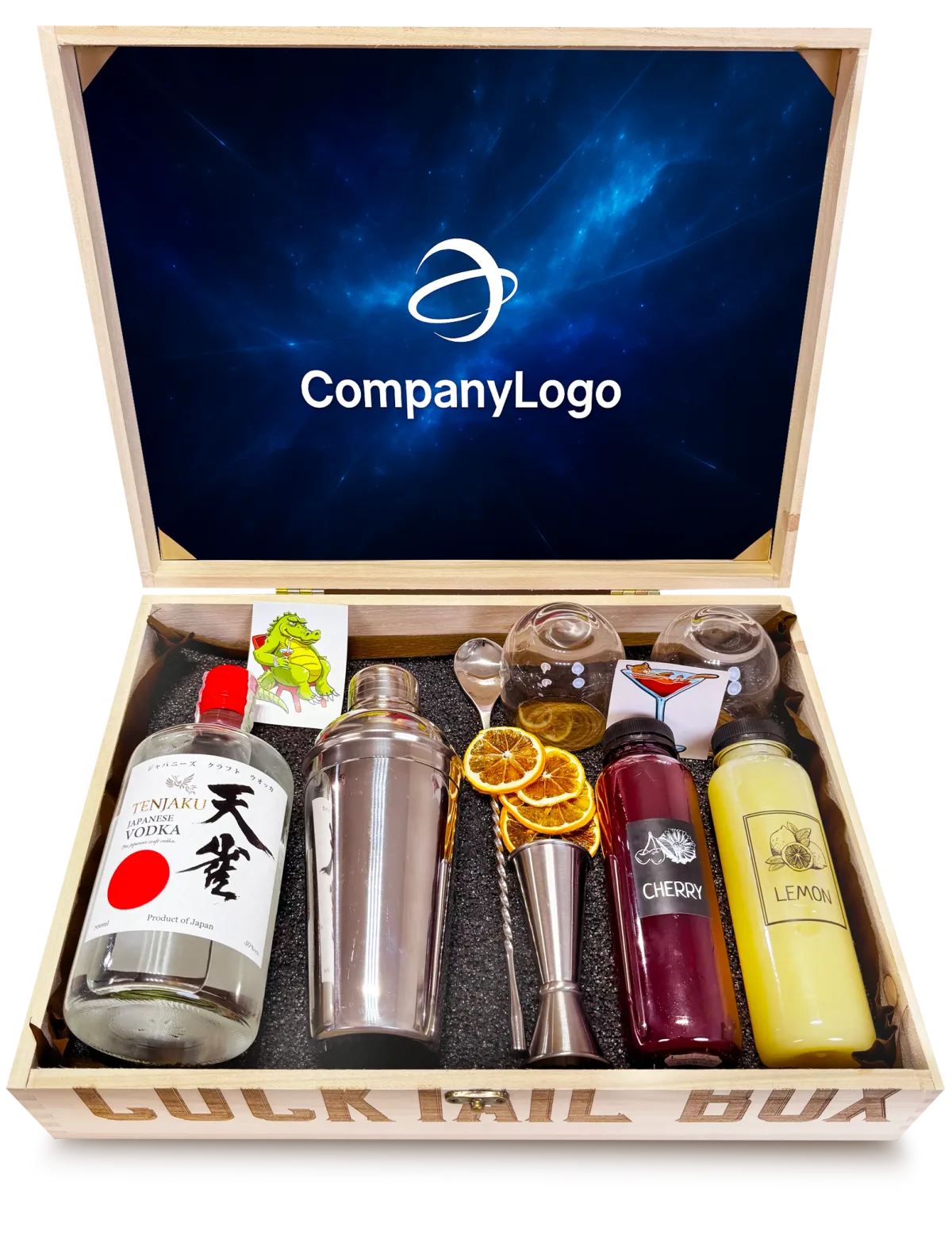 Отворена Cocktail Box с фирмена илюстрация и лого на капака