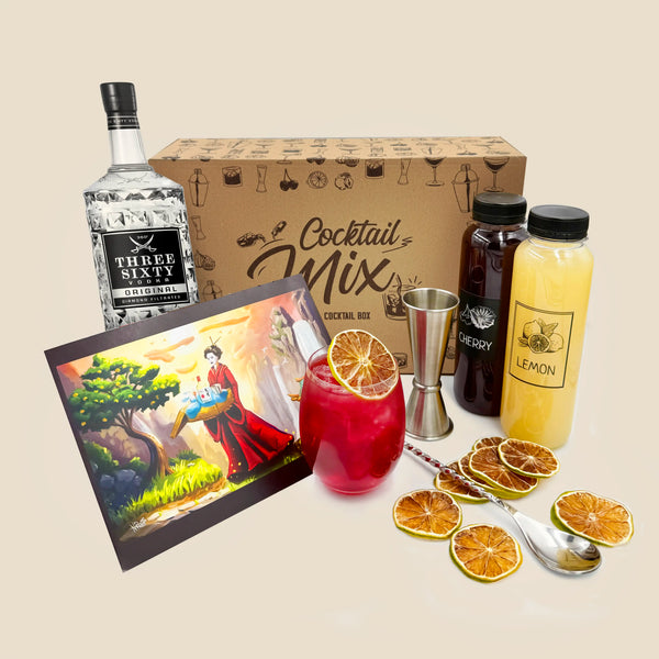 Cocktail Mix Cherry Blossom с водка: картонена кутия, бутилка водка, натурален сироп от череша и фреш от лимон, тематична картина, червен коктейл и дехидратирани портокали