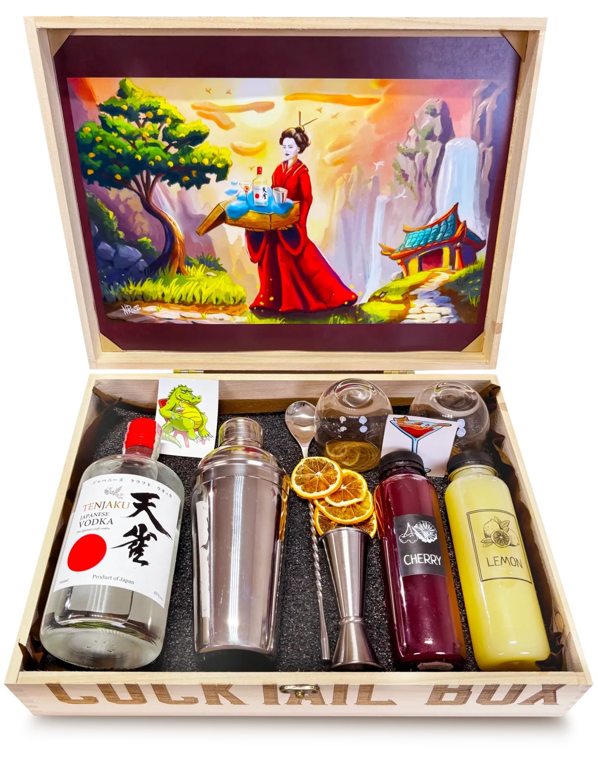 Отворена дървена Cocktail Box с тематична картина, водка, шейкър, сиропи и чаши