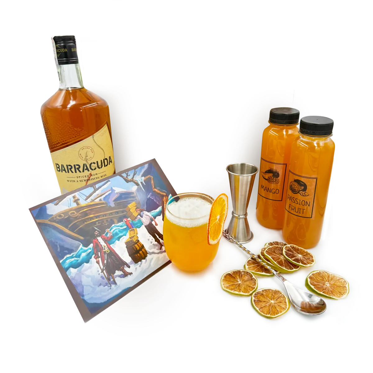 Съдържание на Cocktail Mix: ром, два натурални сиропа, джигър, тематична картичка, коктейл и гарниш